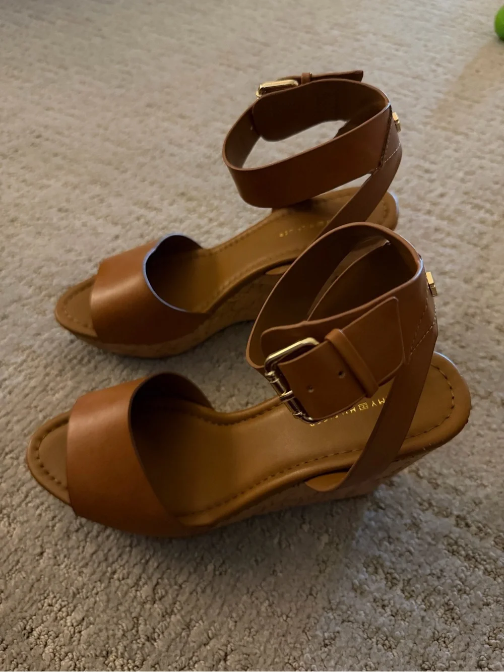 Tommy Hilfiger Cognac Leather Cork Wedge Sandals